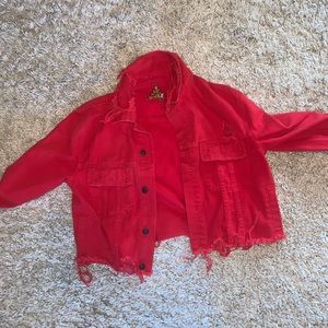 Red cropped jean jacket